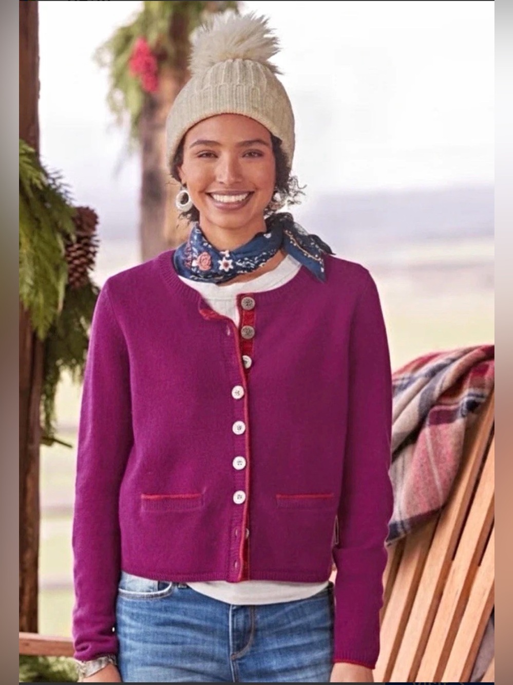 Sundance Catalog Extra Fine Merino Wool Contrast Trim Cardigan Magenta Purple S